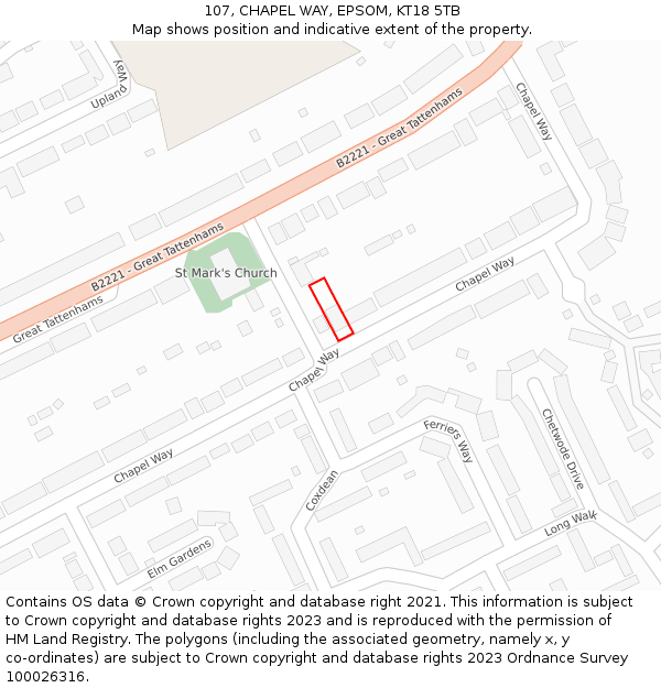 107, CHAPEL WAY, EPSOM, KT18 5TB: Location map and indicative extent of plot