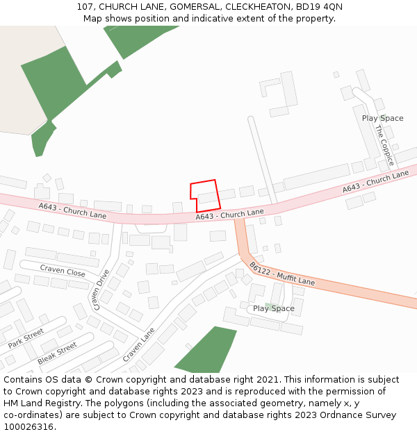 107, CHURCH LANE, GOMERSAL, CLECKHEATON, BD19 4QN: Location map and indicative extent of plot