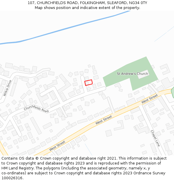 107, CHURCHFIELDS ROAD, FOLKINGHAM, SLEAFORD, NG34 0TY: Location map and indicative extent of plot