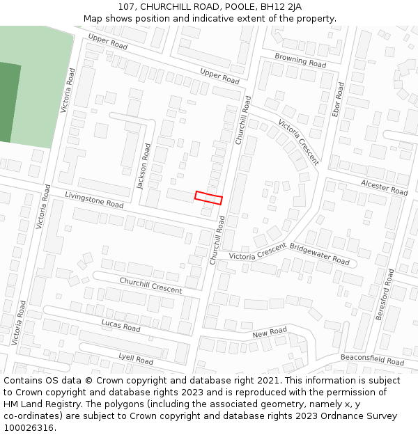 107, CHURCHILL ROAD, POOLE, BH12 2JA: Location map and indicative extent of plot