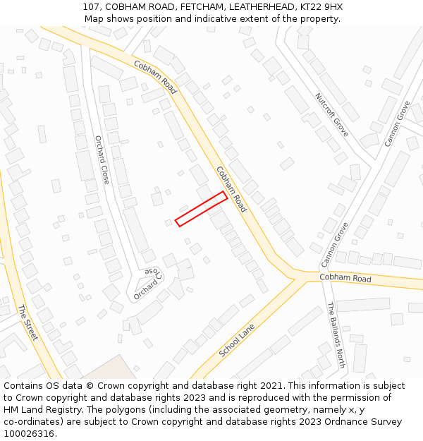 107, COBHAM ROAD, FETCHAM, LEATHERHEAD, KT22 9HX: Location map and indicative extent of plot