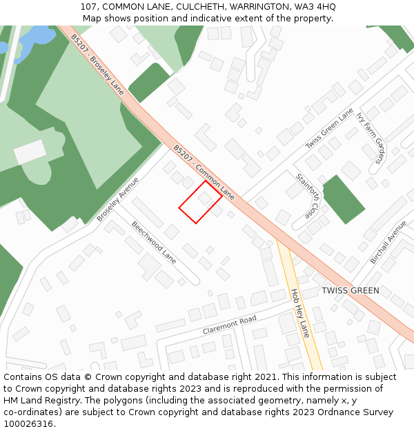 107, COMMON LANE, CULCHETH, WARRINGTON, WA3 4HQ: Location map and indicative extent of plot