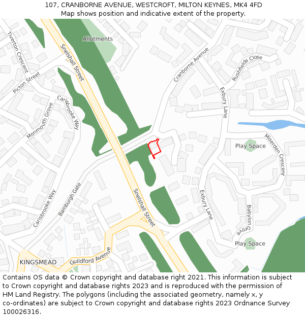 107, CRANBORNE AVENUE, WESTCROFT, MILTON KEYNES, MK4 4FD: Location map and indicative extent of plot