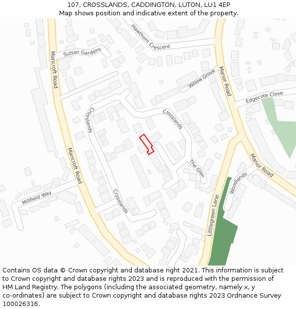 107, CROSSLANDS, CADDINGTON, LUTON, LU1 4EP: Location map and indicative extent of plot