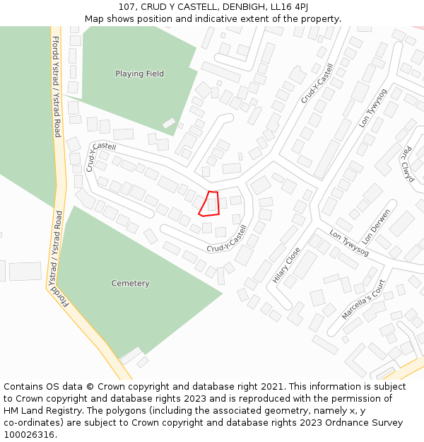 107, CRUD Y CASTELL, DENBIGH, LL16 4PJ: Location map and indicative extent of plot