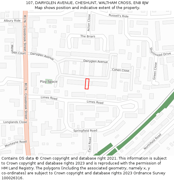 107, DAIRYGLEN AVENUE, CHESHUNT, WALTHAM CROSS, EN8 8JW: Location map and indicative extent of plot