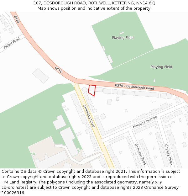 107, DESBOROUGH ROAD, ROTHWELL, KETTERING, NN14 6JQ: Location map and indicative extent of plot