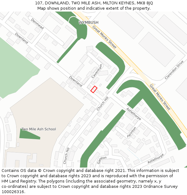 107, DOWNLAND, TWO MILE ASH, MILTON KEYNES, MK8 8JQ: Location map and indicative extent of plot