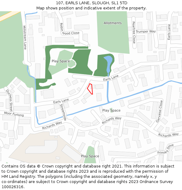 107, EARLS LANE, SLOUGH, SL1 5TD: Location map and indicative extent of plot