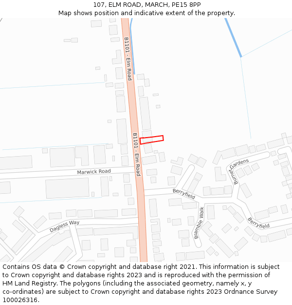 107, ELM ROAD, MARCH, PE15 8PP: Location map and indicative extent of plot