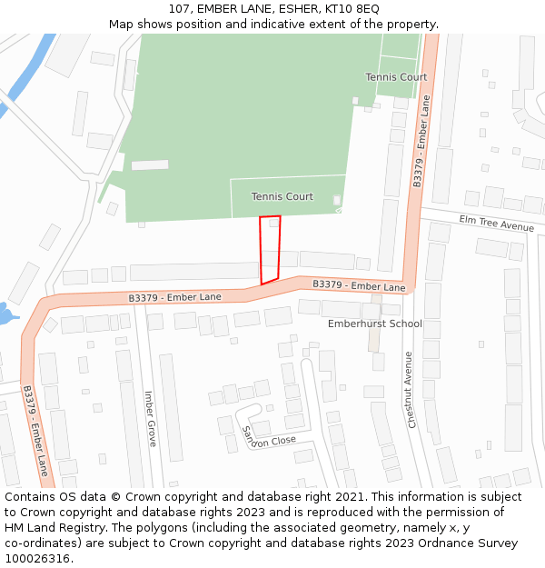 107, EMBER LANE, ESHER, KT10 8EQ: Location map and indicative extent of plot