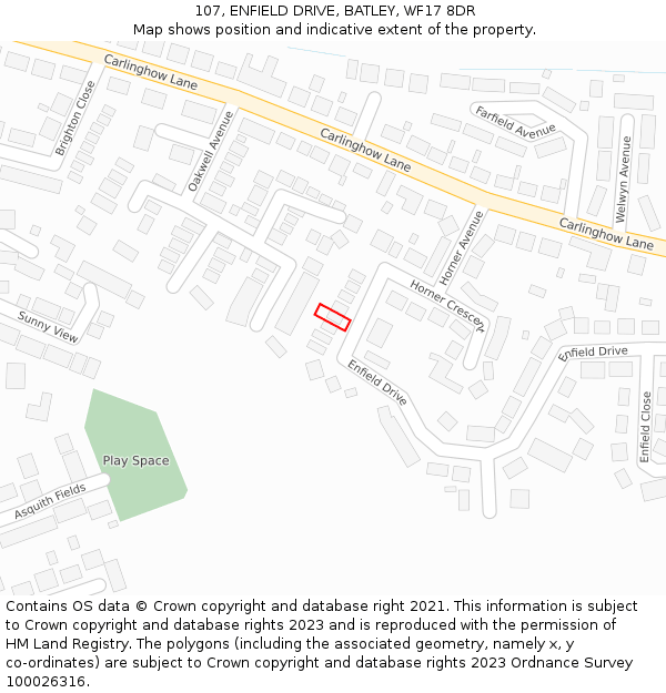 107, ENFIELD DRIVE, BATLEY, WF17 8DR: Location map and indicative extent of plot