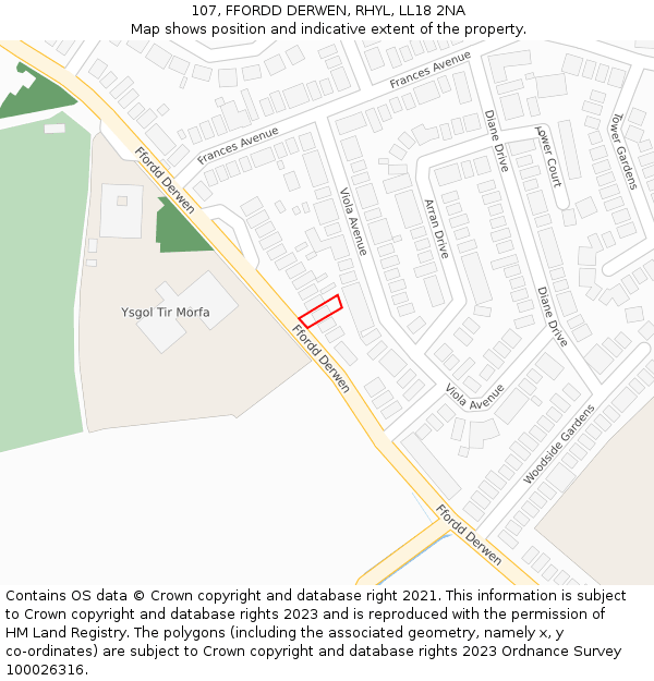 107, FFORDD DERWEN, RHYL, LL18 2NA: Location map and indicative extent of plot