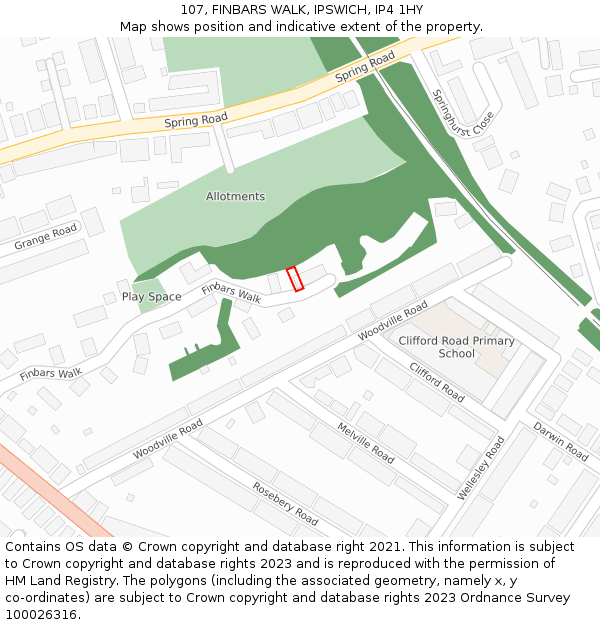 107, FINBARS WALK, IPSWICH, IP4 1HY: Location map and indicative extent of plot