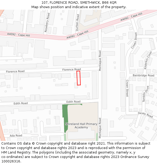 107, FLORENCE ROAD, SMETHWICK, B66 4QR: Location map and indicative extent of plot