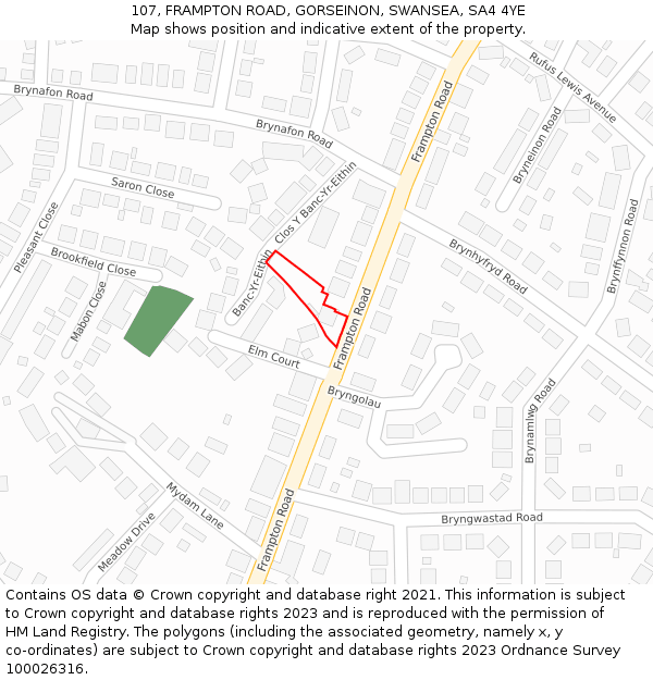 107, FRAMPTON ROAD, GORSEINON, SWANSEA, SA4 4YE: Location map and indicative extent of plot