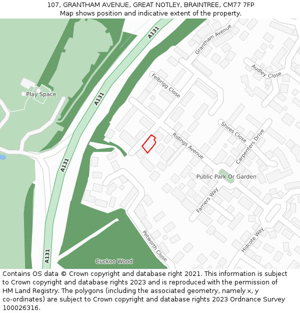 107, GRANTHAM AVENUE, GREAT NOTLEY, BRAINTREE, CM77 7FP: Location map and indicative extent of plot