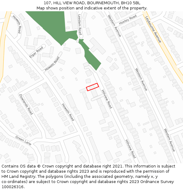 107, HILL VIEW ROAD, BOURNEMOUTH, BH10 5BL: Location map and indicative extent of plot