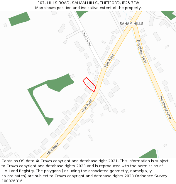 107, HILLS ROAD, SAHAM HILLS, THETFORD, IP25 7EW: Location map and indicative extent of plot