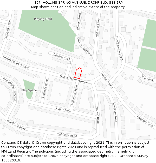107, HOLLINS SPRING AVENUE, DRONFIELD, S18 1RP: Location map and indicative extent of plot