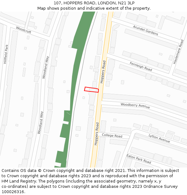 107, HOPPERS ROAD, LONDON, N21 3LP: Location map and indicative extent of plot