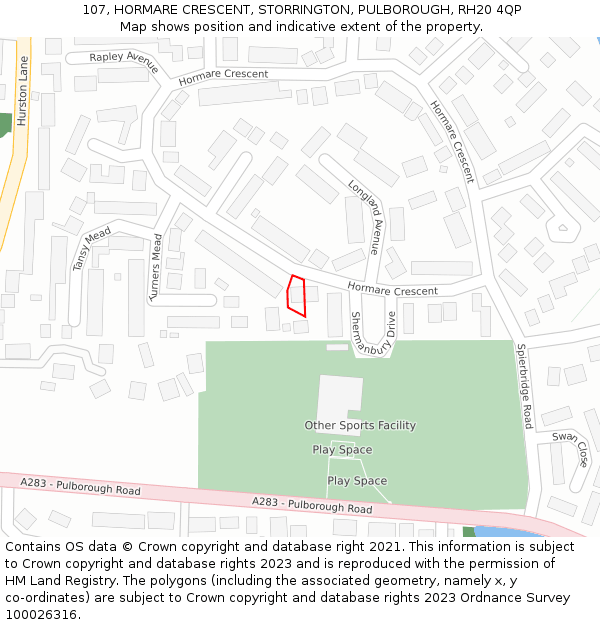 107, HORMARE CRESCENT, STORRINGTON, PULBOROUGH, RH20 4QP: Location map and indicative extent of plot