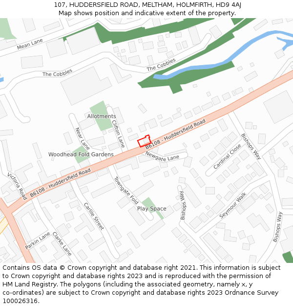 107, HUDDERSFIELD ROAD, MELTHAM, HOLMFIRTH, HD9 4AJ: Location map and indicative extent of plot