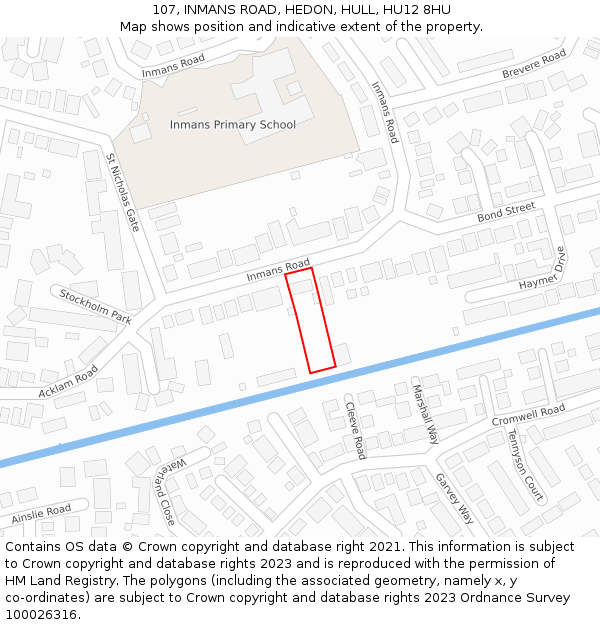 107, INMANS ROAD, HEDON, HULL, HU12 8HU: Location map and indicative extent of plot