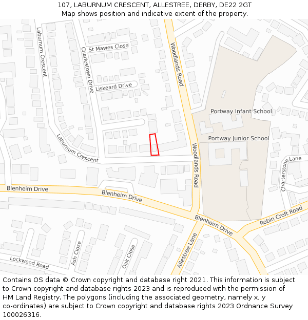 107, LABURNUM CRESCENT, ALLESTREE, DERBY, DE22 2GT: Location map and indicative extent of plot