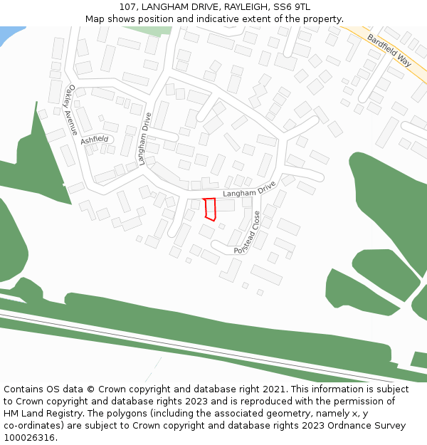 107, LANGHAM DRIVE, RAYLEIGH, SS6 9TL: Location map and indicative extent of plot