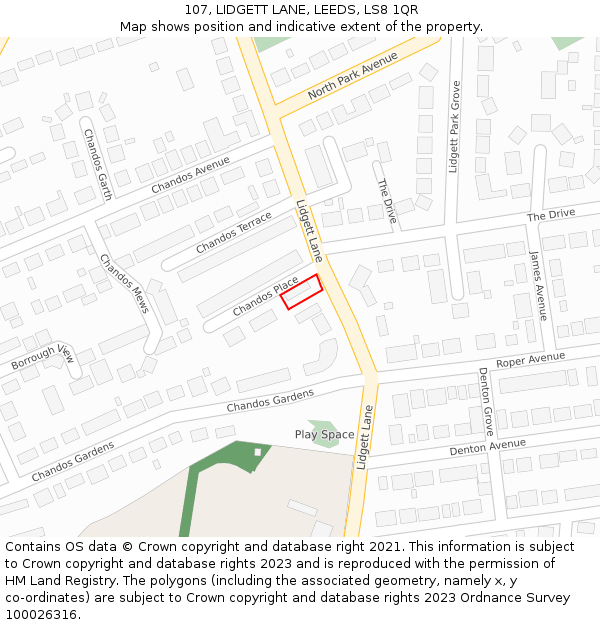 107, LIDGETT LANE, LEEDS, LS8 1QR: Location map and indicative extent of plot