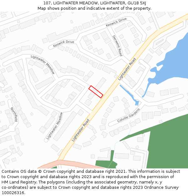 107, LIGHTWATER MEADOW, LIGHTWATER, GU18 5XJ: Location map and indicative extent of plot