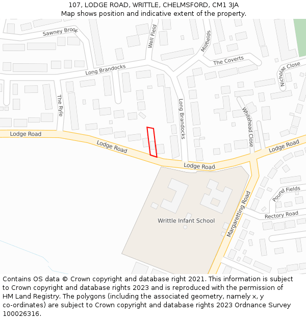 107, LODGE ROAD, WRITTLE, CHELMSFORD, CM1 3JA: Location map and indicative extent of plot