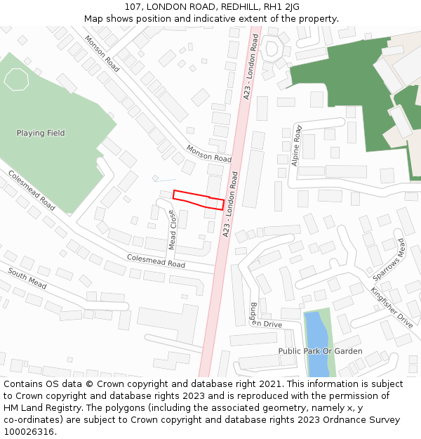 107, LONDON ROAD, REDHILL, RH1 2JG: Location map and indicative extent of plot