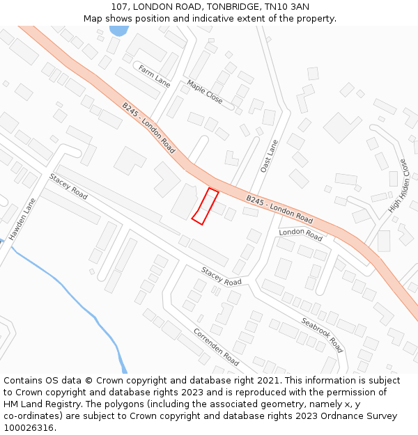 107, LONDON ROAD, TONBRIDGE, TN10 3AN: Location map and indicative extent of plot