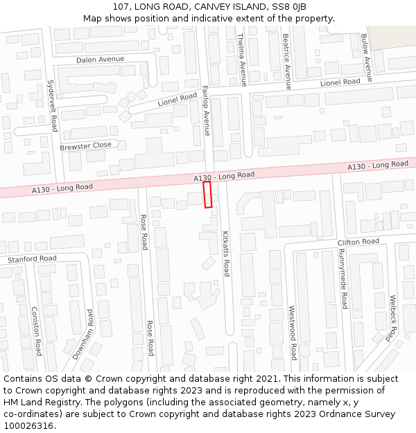 107, LONG ROAD, CANVEY ISLAND, SS8 0JB: Location map and indicative extent of plot