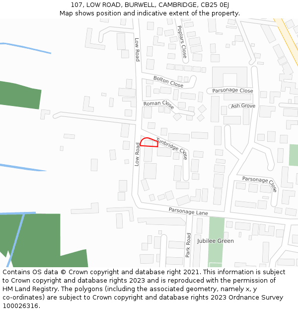 107, LOW ROAD, BURWELL, CAMBRIDGE, CB25 0EJ: Location map and indicative extent of plot