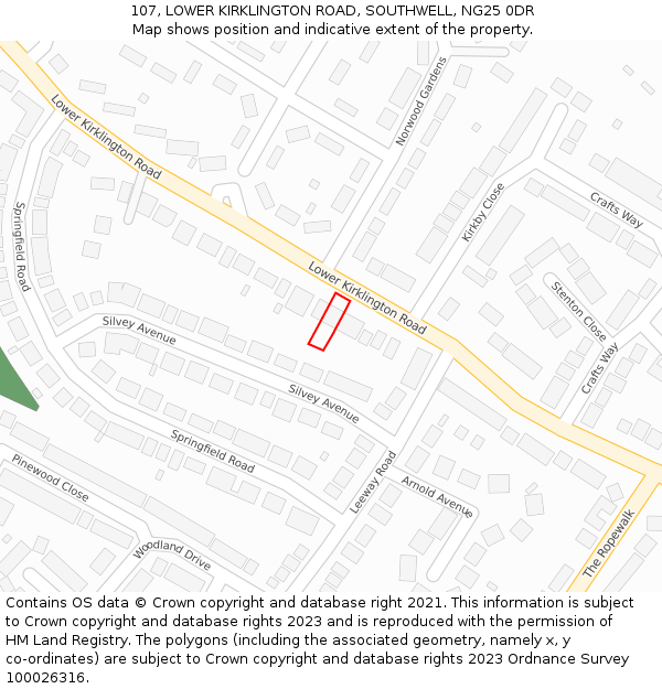107, LOWER KIRKLINGTON ROAD, SOUTHWELL, NG25 0DR: Location map and indicative extent of plot