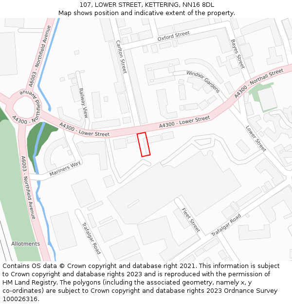 107, LOWER STREET, KETTERING, NN16 8DL: Location map and indicative extent of plot