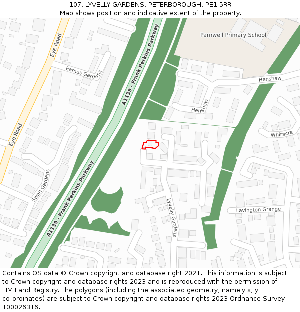 107, LYVELLY GARDENS, PETERBOROUGH, PE1 5RR: Location map and indicative extent of plot