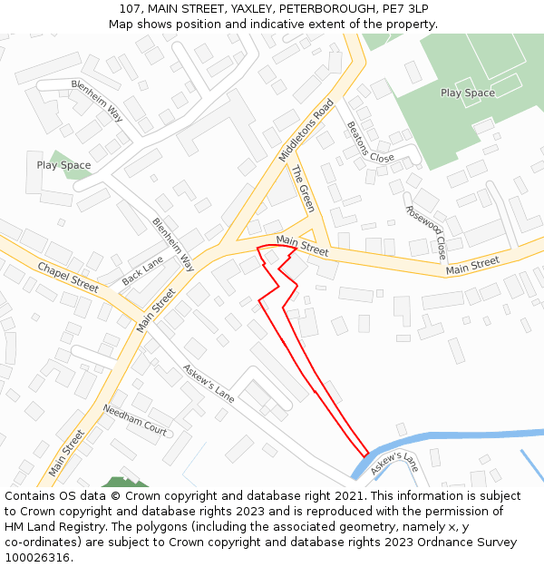 107, MAIN STREET, YAXLEY, PETERBOROUGH, PE7 3LP: Location map and indicative extent of plot