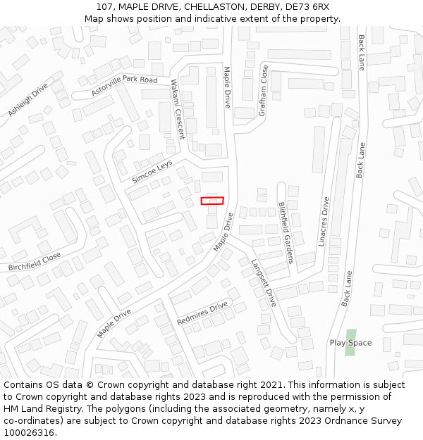 107, MAPLE DRIVE, CHELLASTON, DERBY, DE73 6RX: Location map and indicative extent of plot