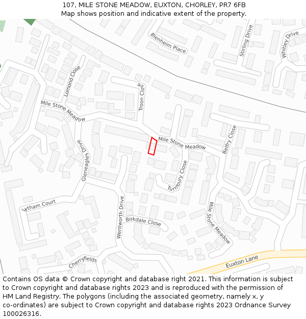 107, MILE STONE MEADOW, EUXTON, CHORLEY, PR7 6FB: Location map and indicative extent of plot