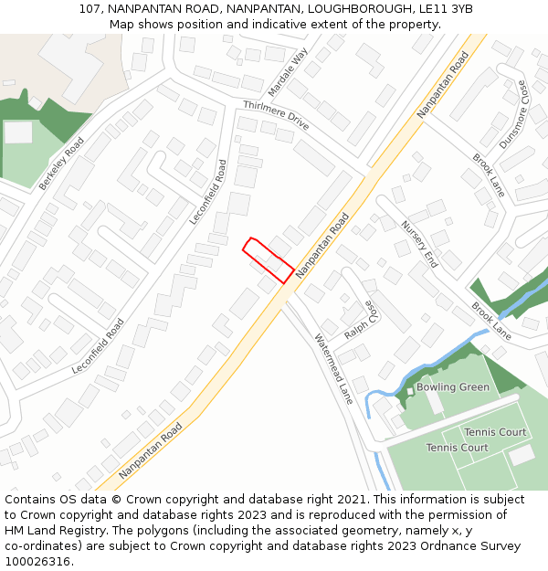 107, NANPANTAN ROAD, NANPANTAN, LOUGHBOROUGH, LE11 3YB: Location map and indicative extent of plot