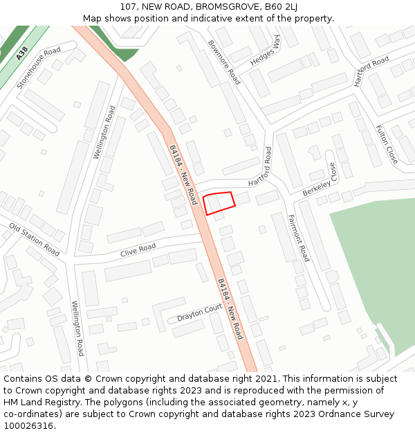 107, NEW ROAD, BROMSGROVE, B60 2LJ: Location map and indicative extent of plot