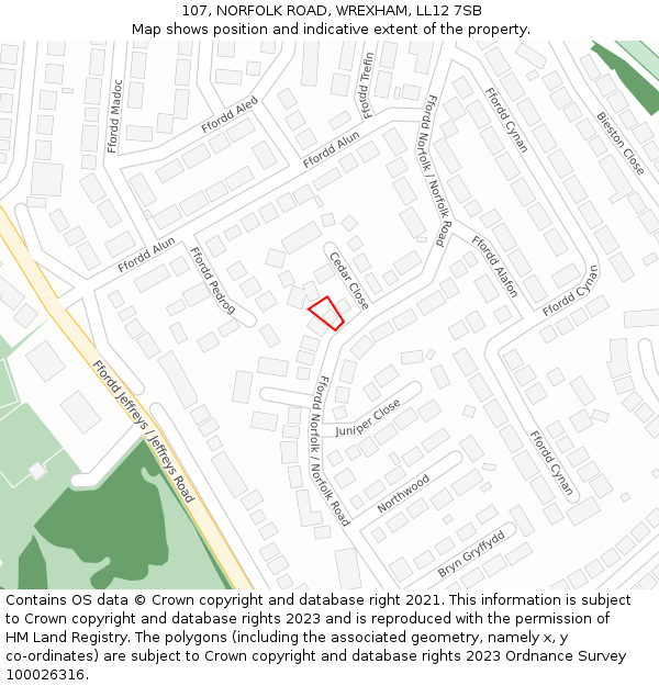107, NORFOLK ROAD, WREXHAM, LL12 7SB: Location map and indicative extent of plot