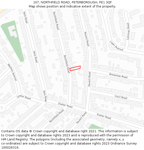 107, NORTHFIELD ROAD, PETERBOROUGH, PE1 3QF: Location map and indicative extent of plot