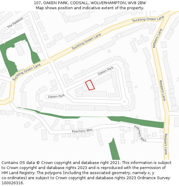 107, OAKEN PARK, CODSALL, WOLVERHAMPTON, WV8 2BW: Location map and indicative extent of plot