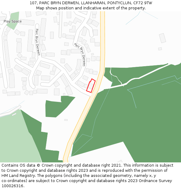 107, PARC BRYN DERWEN, LLANHARAN, PONTYCLUN, CF72 9TW: Location map and indicative extent of plot