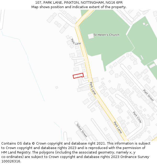 107, PARK LANE, PINXTON, NOTTINGHAM, NG16 6PR: Location map and indicative extent of plot